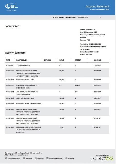 Modèle Word et PDF de relevé de compte Pakistan United Bank Limited